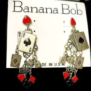Banana Bob card players theme earrings Vegas gambling gold red black